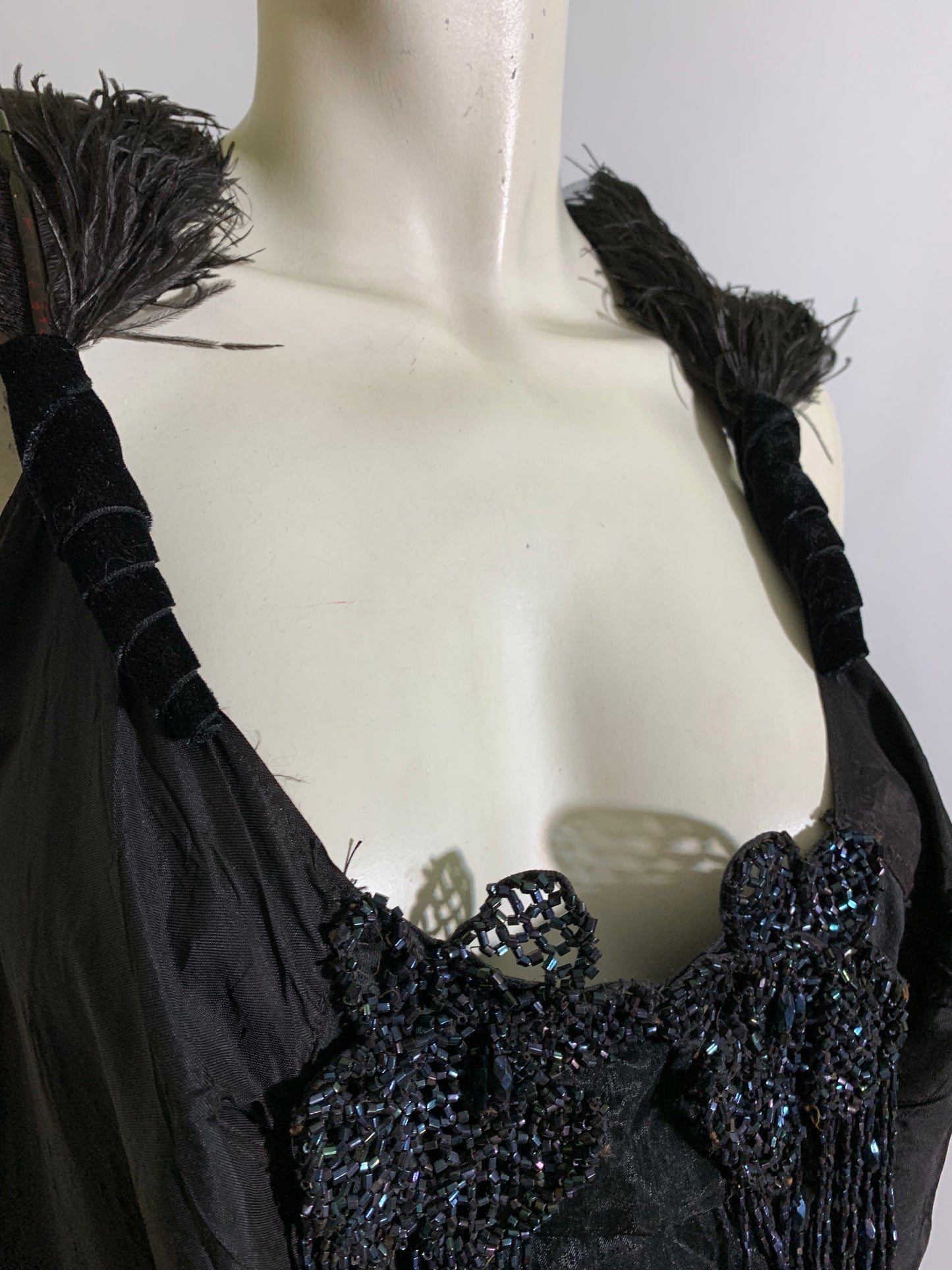 Lady Windermere Reimagined 1920s Black Silk Dress with Victorian Glass Beading Ostrich Feathers and Blue Ribbon L