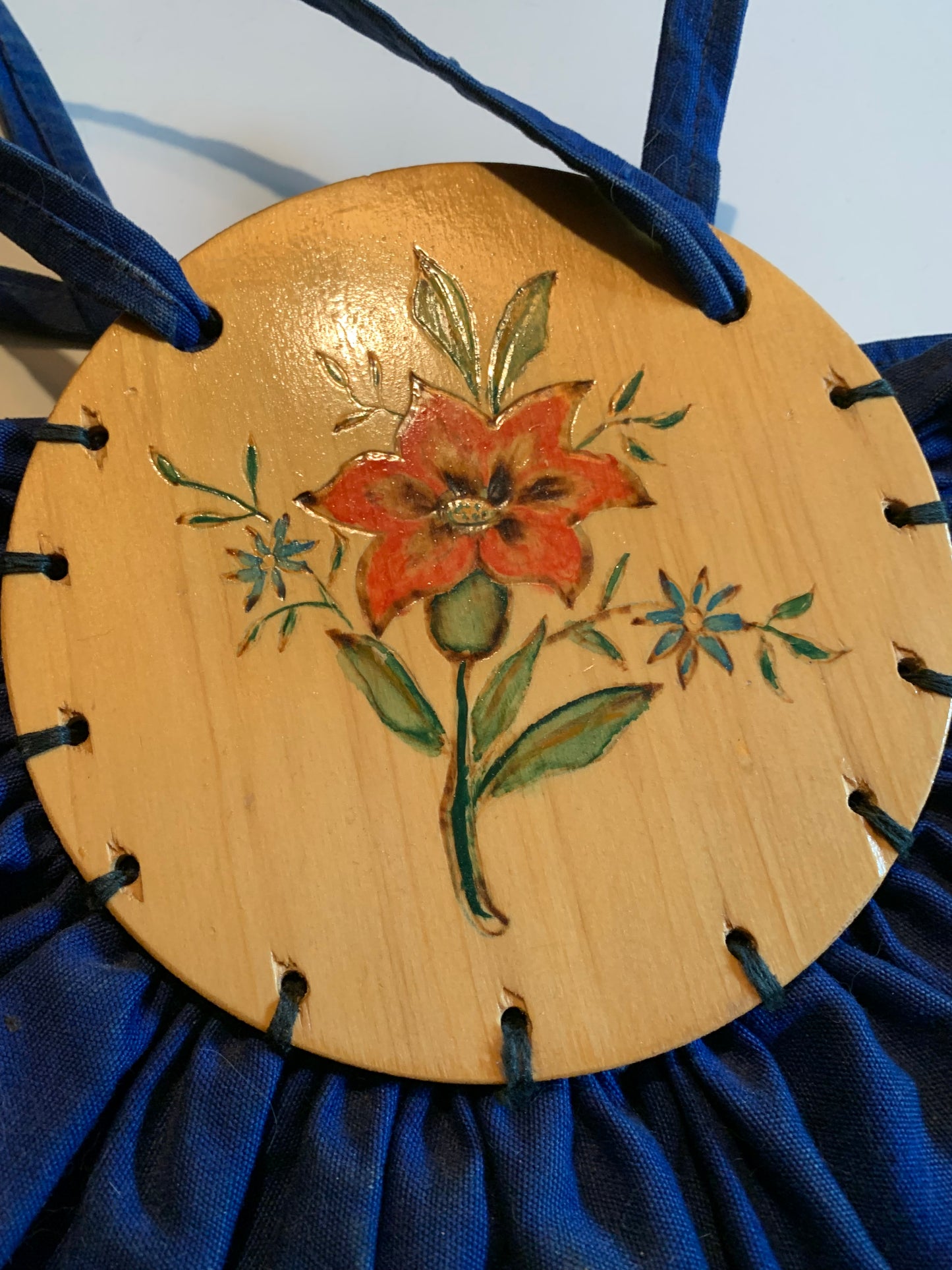 Blue Canvas and Etched Painted Wood Mexican Beach "Bonnie Bag" circa 1930s