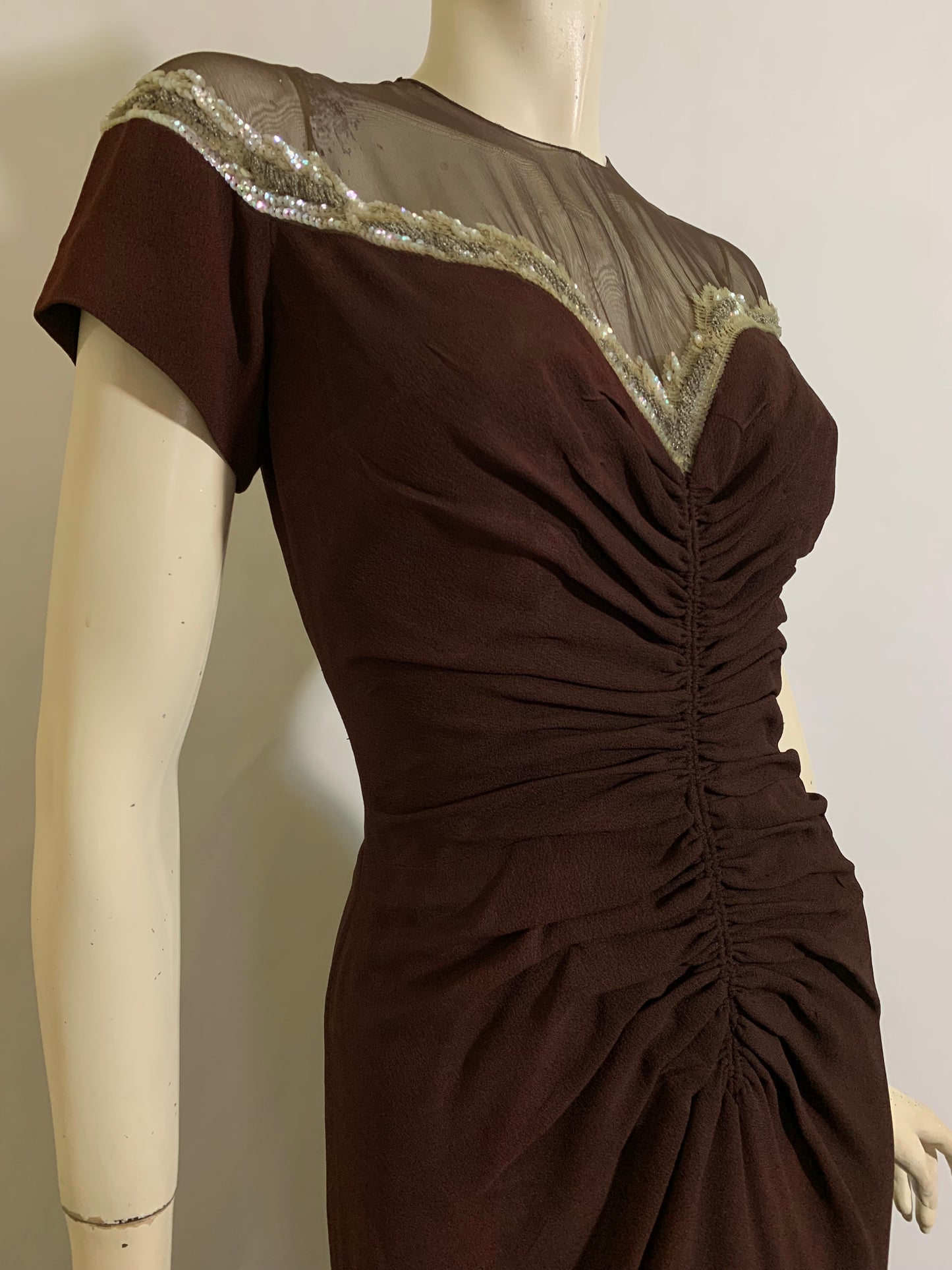 Hot Cocoa Colored Crepe Rayon Ruched Front Evening Dress with Beads and Sequins circa 1940s
