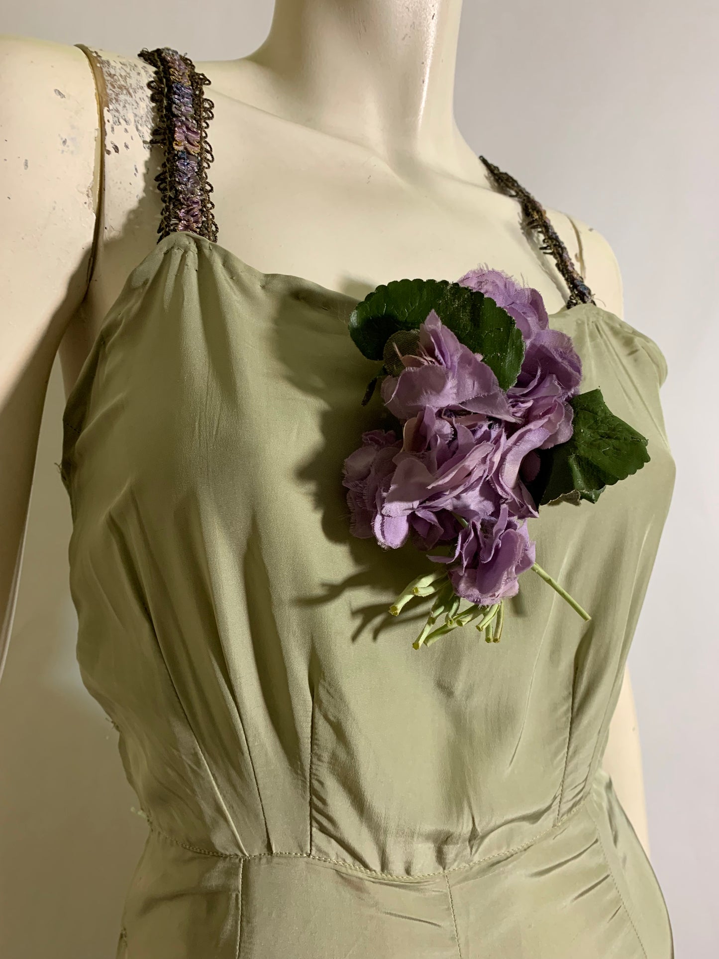 Bruise Violet Reimagined 1930s Sage Silk Dress with Violet Metallic Ribbon Straps and Flower Accent