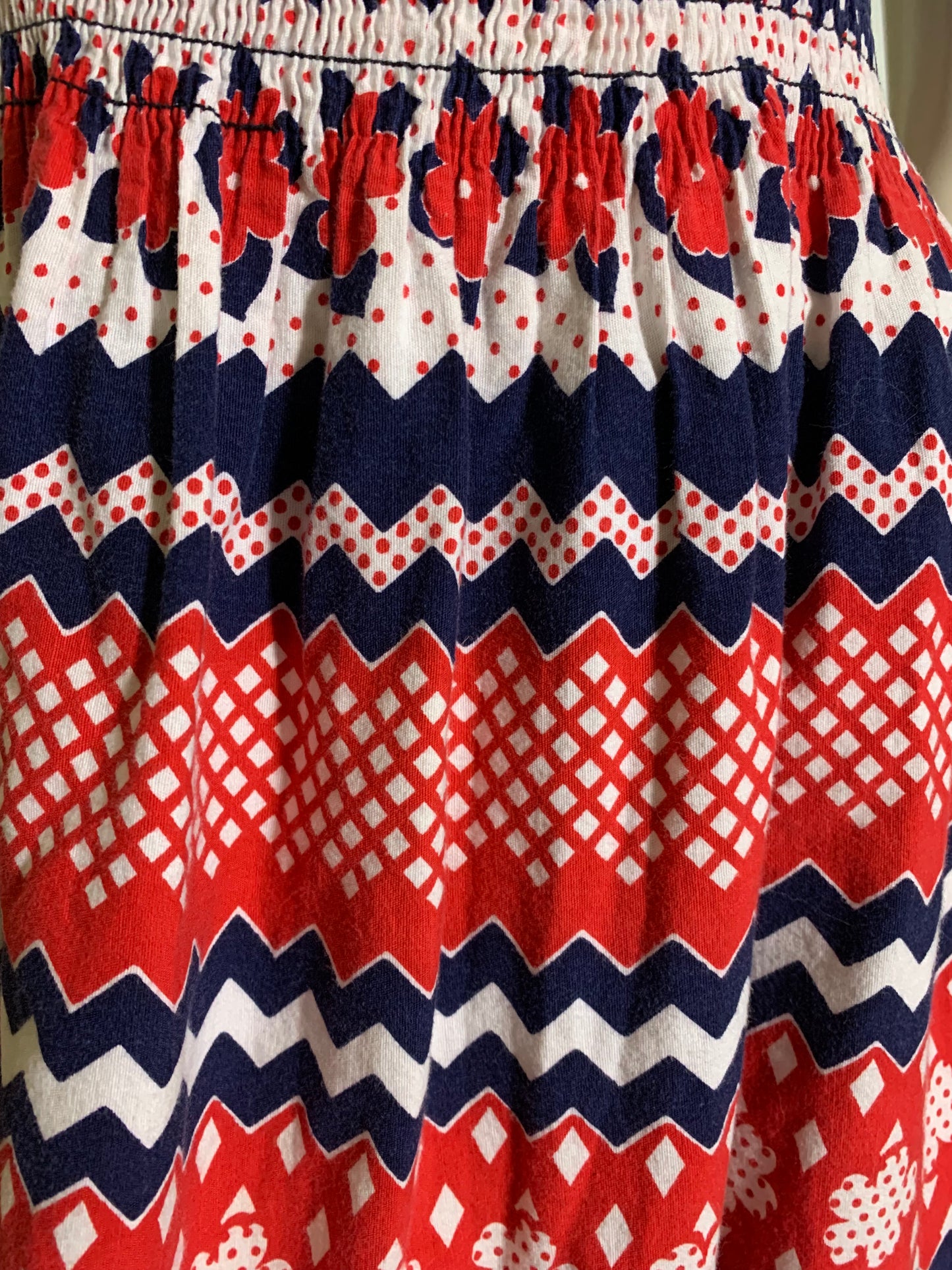 Perky Little Red White and Blue Smocked Bodice Mini Dress circa 1970s
