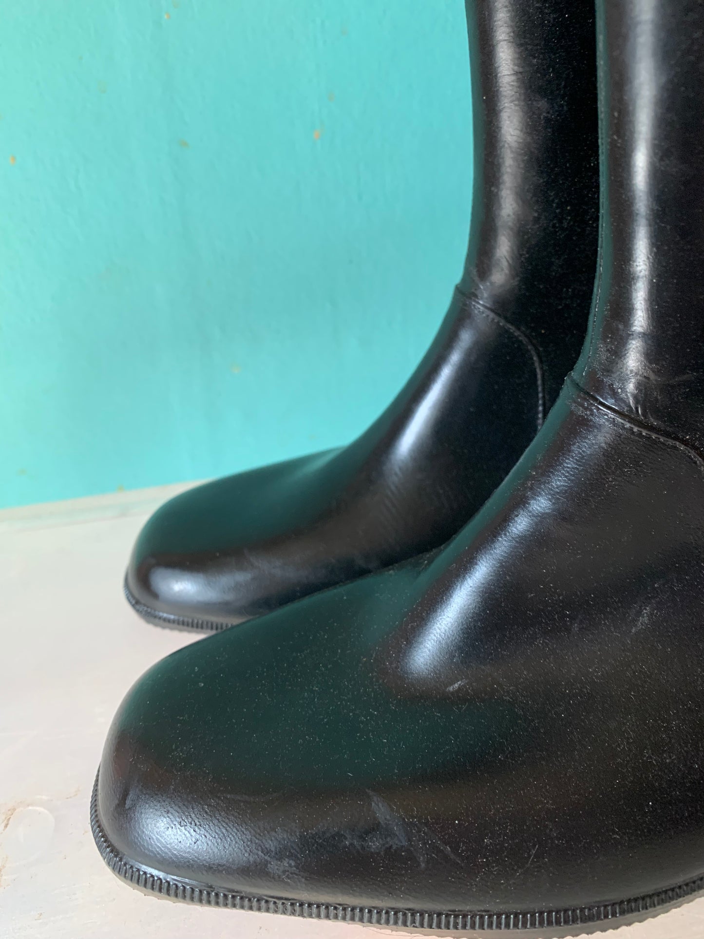 Buckle Trimmed Black Rubber Rain Boots circa 1970s US 9
