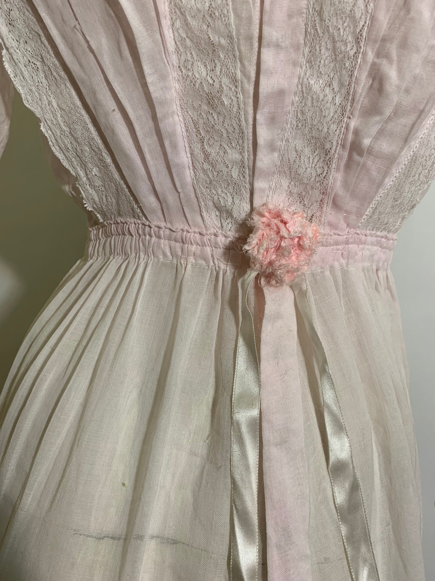 Palest Petal Pink Semi-Sheer Pink Cotton Edwardian Dress with Rosettes and Ribbon circa 1910s