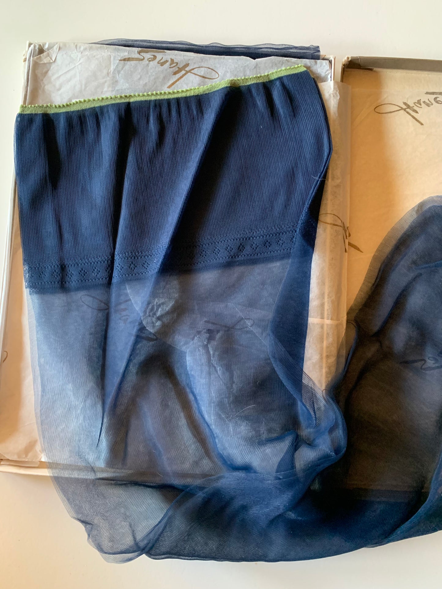 2 Pr Sheer Navy Blue Thigh High Stockings in Box circa 1980s 10.5
