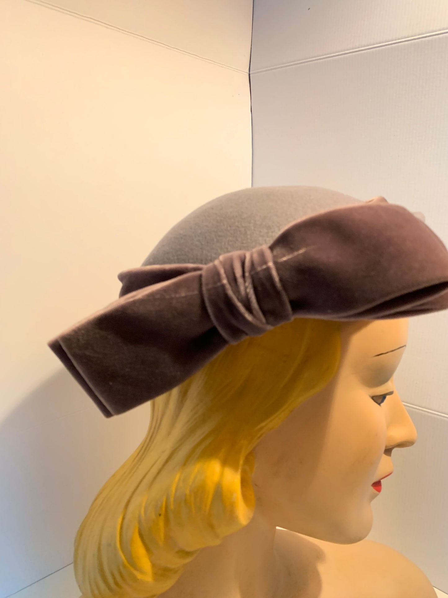 Fawn Felted Wool Pillbox Hat with Velvet Bow circa 1960s
