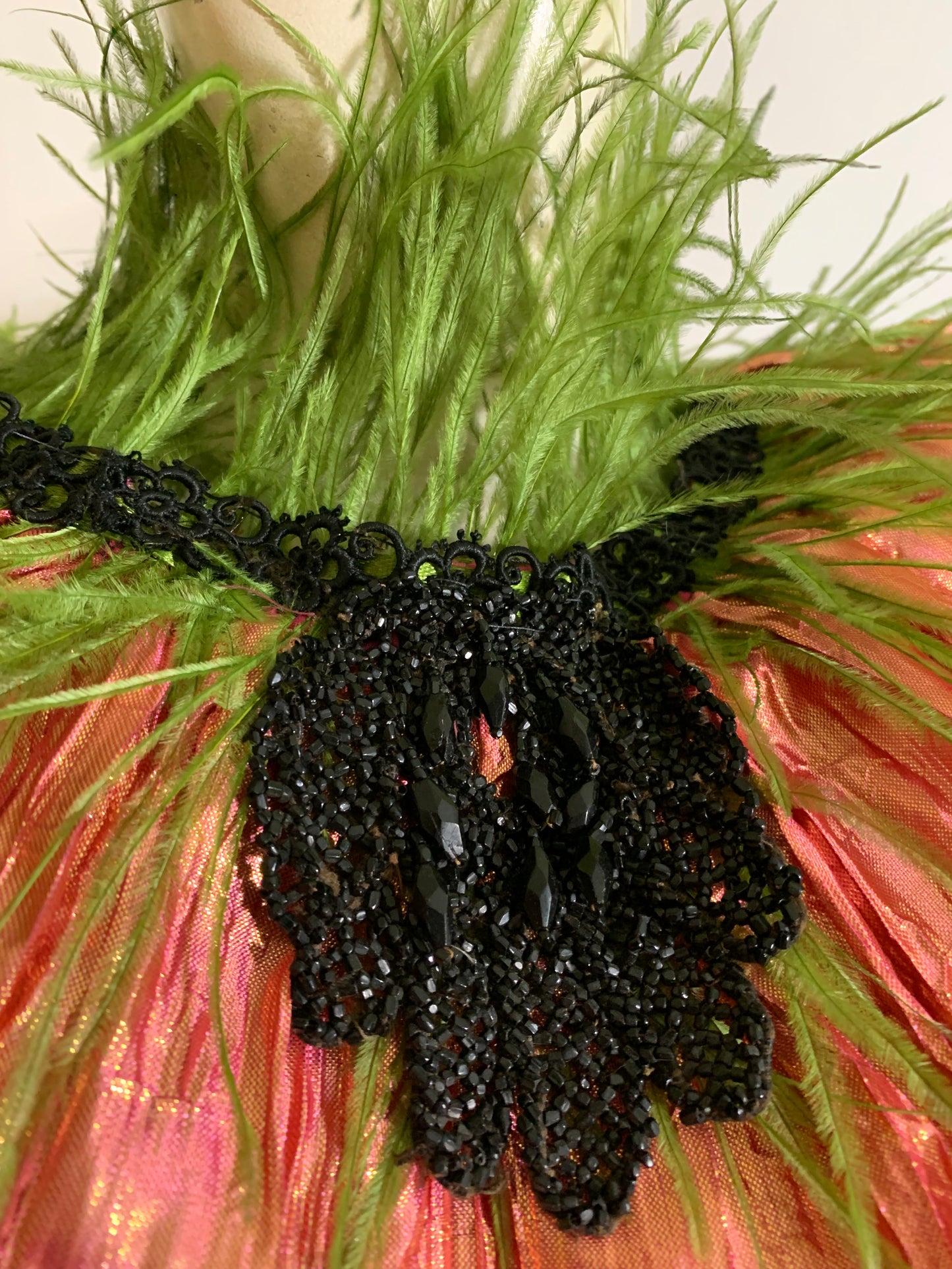 Ruffed Up- the Reimagined Pleated Iridescent Coral Ruffled Collar with Beads and Feathers