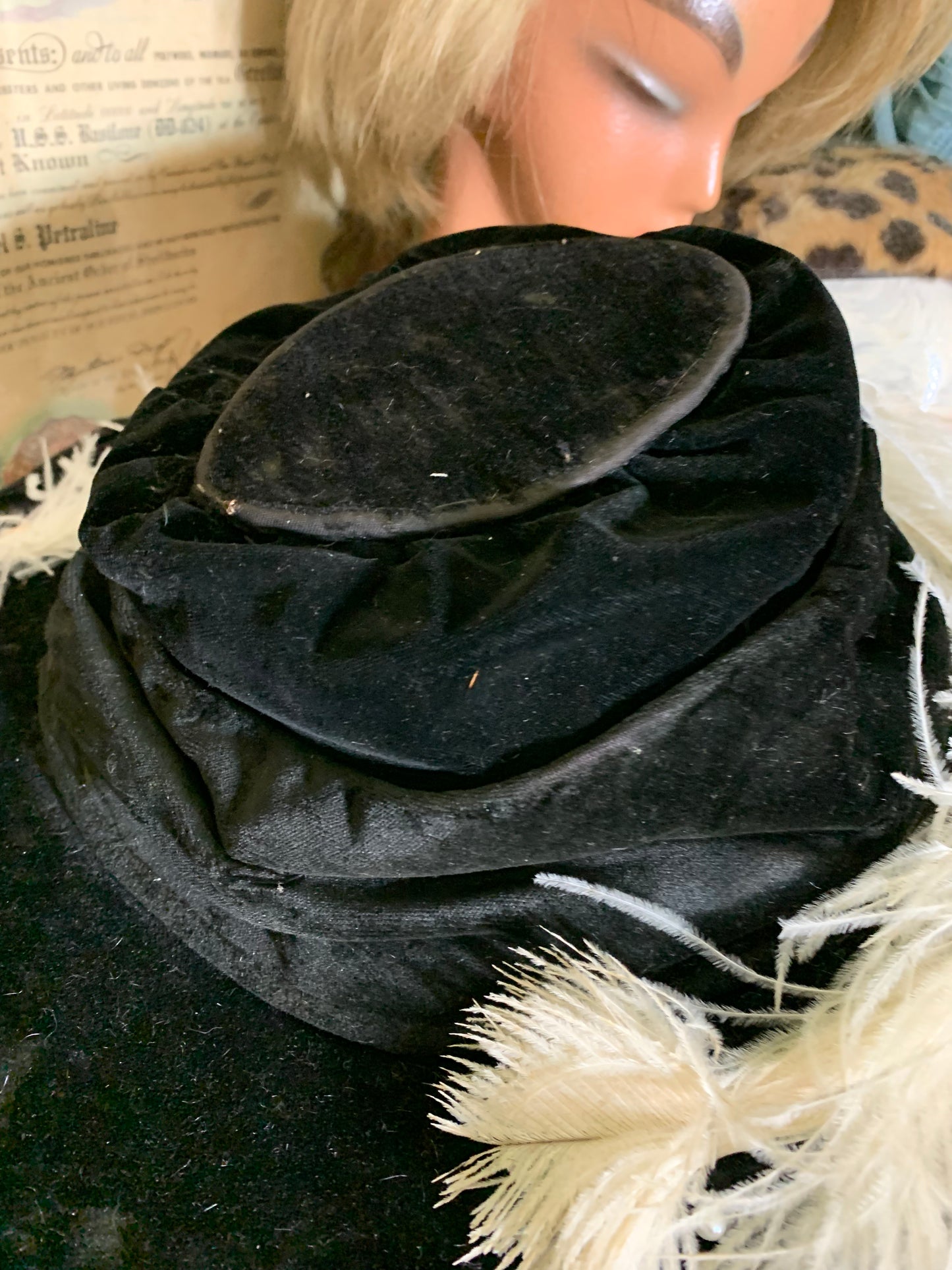 Black Velveteen Wide Brim Hat with Feather circa 1910s