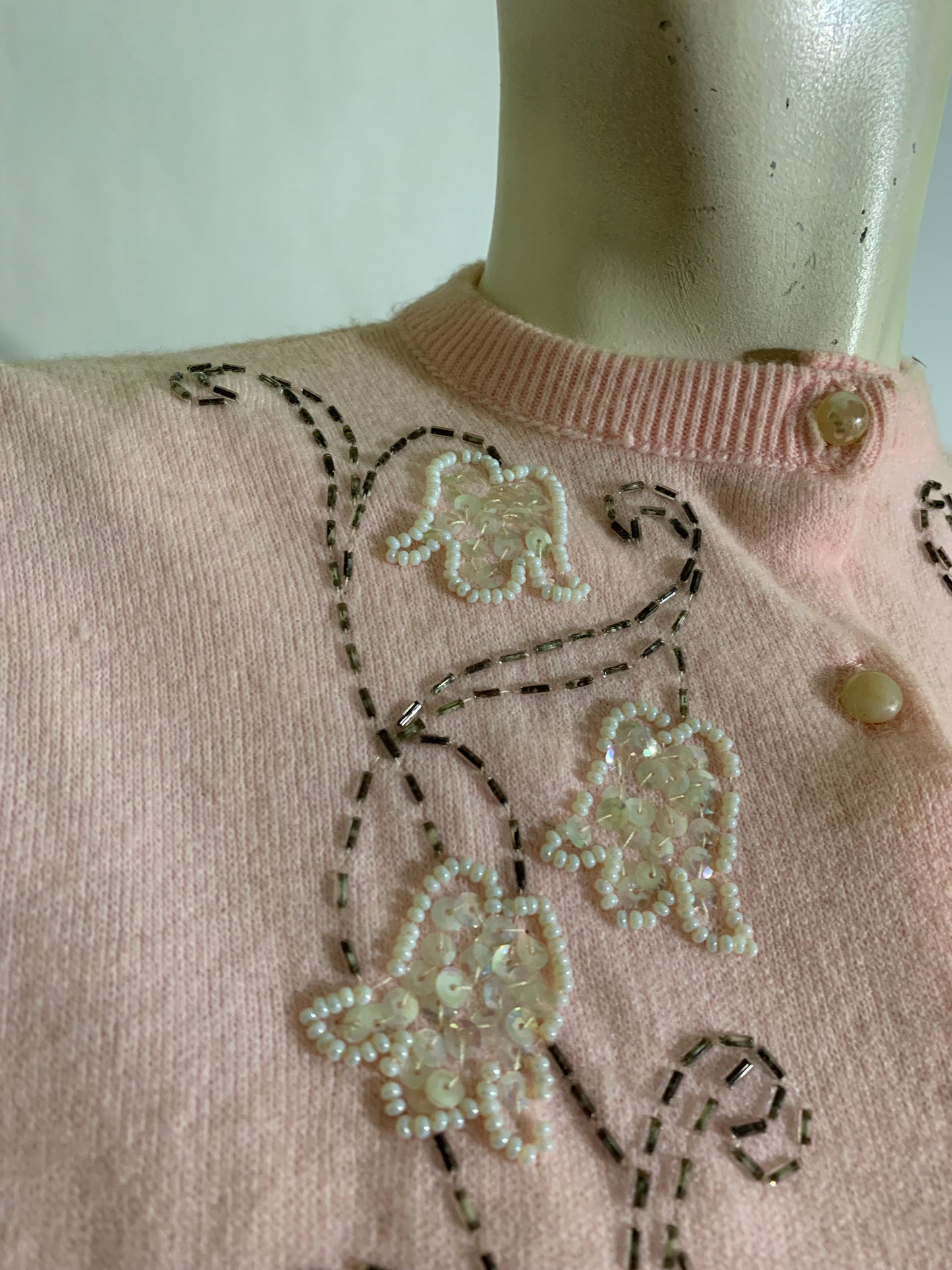 Rose Petal Pink Sequined and Beaded Button Front Cardigan Sweater circa 1960s