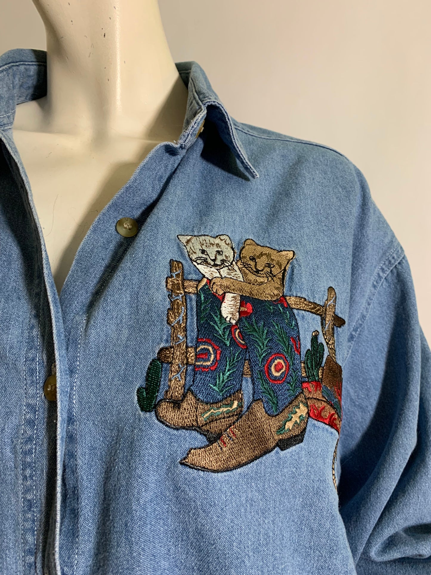 Cowboy Kitties! Blue Denim Button Down Top with Embroidered Western Cats circa 1990s