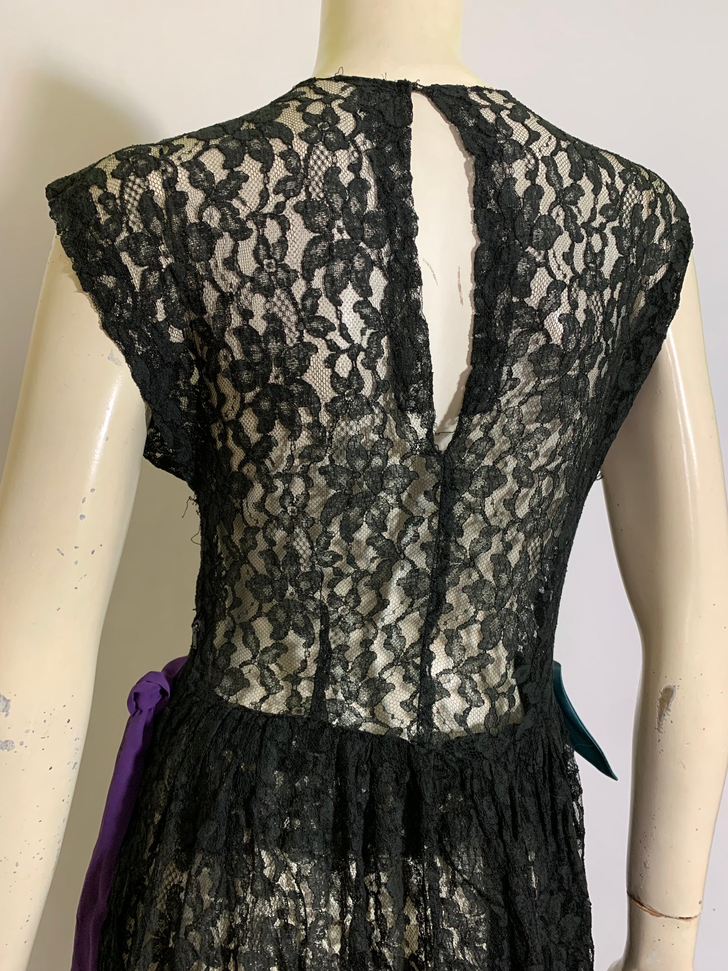 Ebony Black Lace Sheer Dress with Ribbons and Flowers circa 1940s