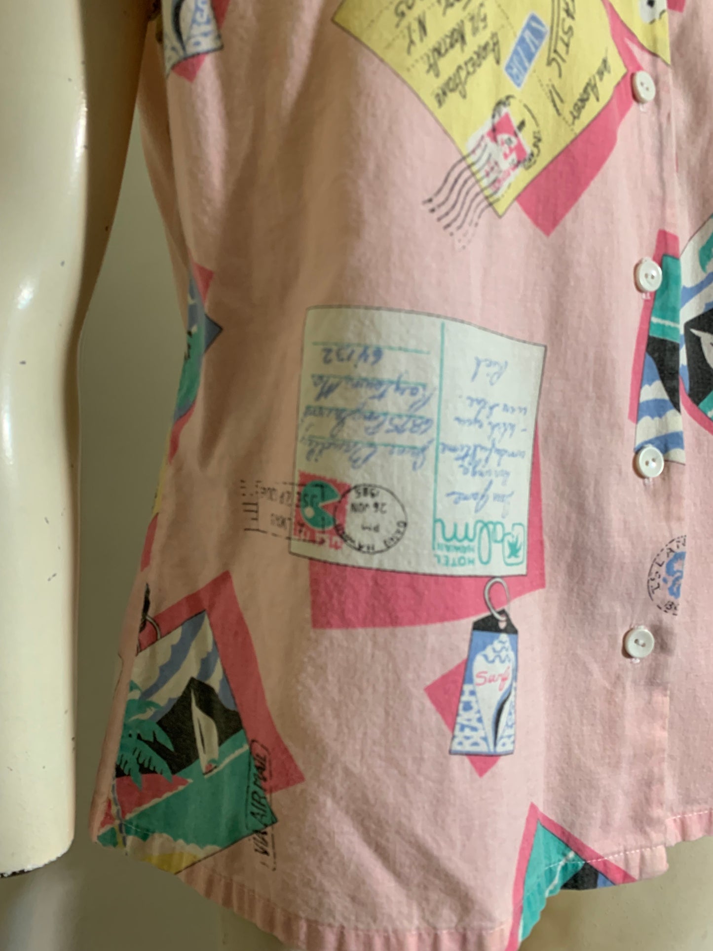 Pastel Pink Post Card Print Cotton Blouse circa 1980s