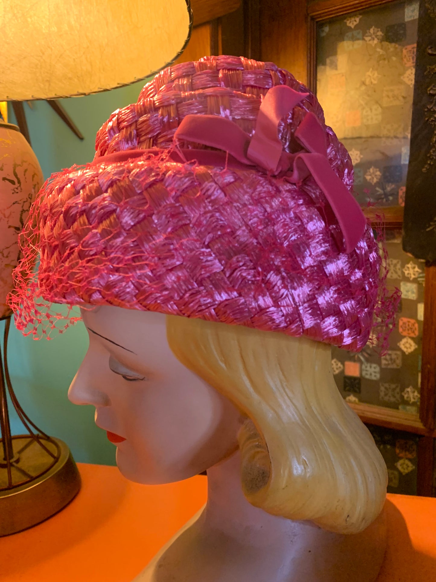 Shocking Pink Spiraled Tiered Hat with Veiling circa 1960s