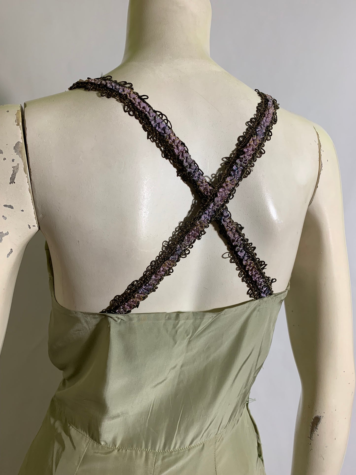Bruise Violet Reimagined 1930s Sage Silk Dress with Violet Metallic Ribbon Straps and Flower Accent