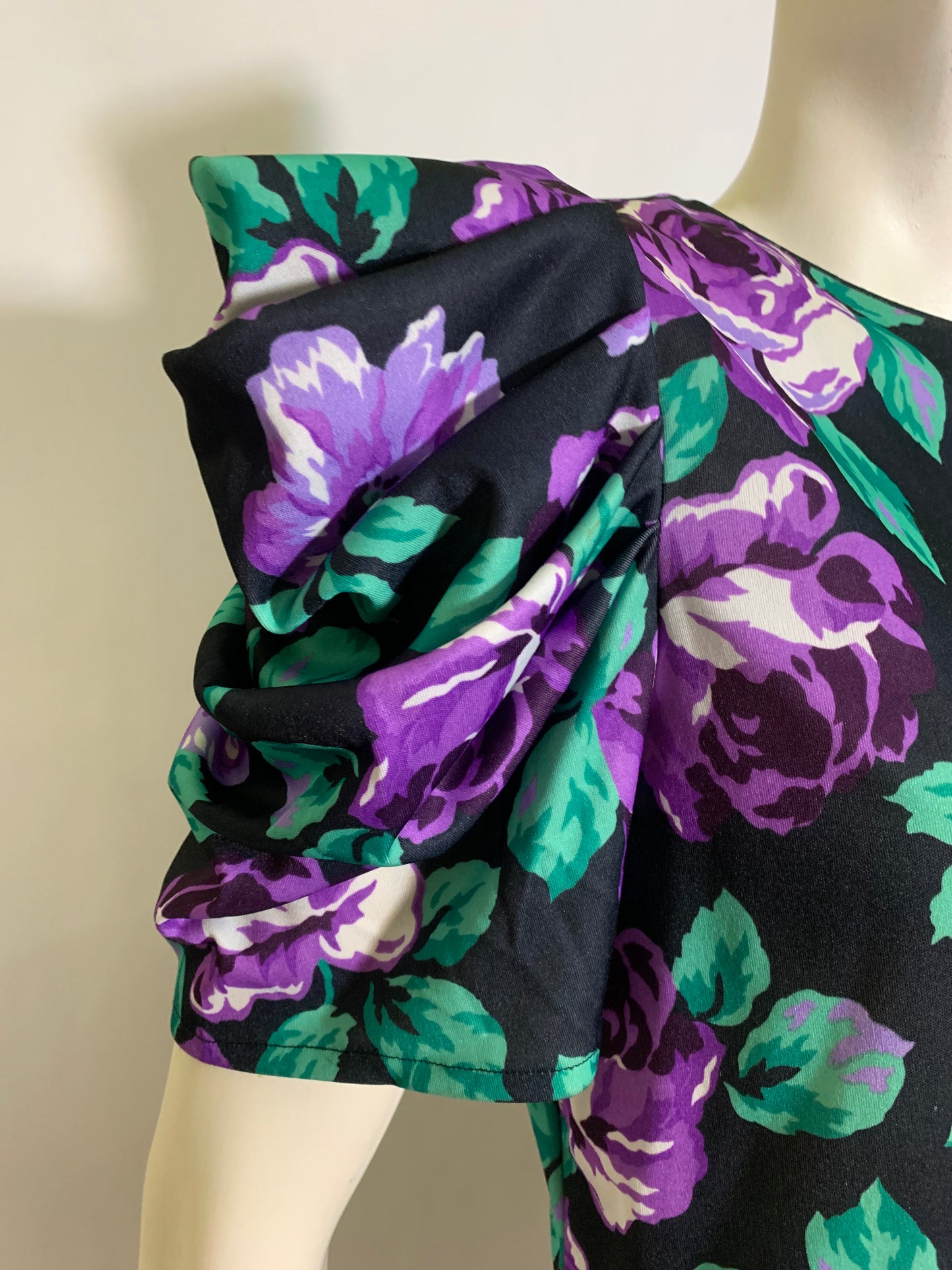 Purple Rose Print Jersey Nylon Peplum Dress Ruched Sleeves circa 1980s