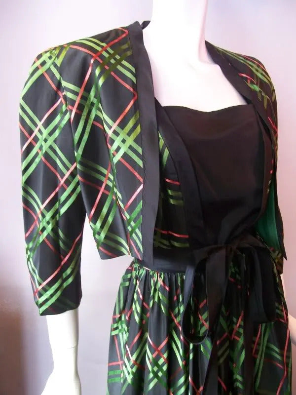 Black, Red and Green Shimmering Taffeta Dress with Bolero Jacket circa 1940s