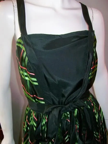 Black, Red and Green Shimmering Taffeta Dress with Bolero Jacket circa 1940s