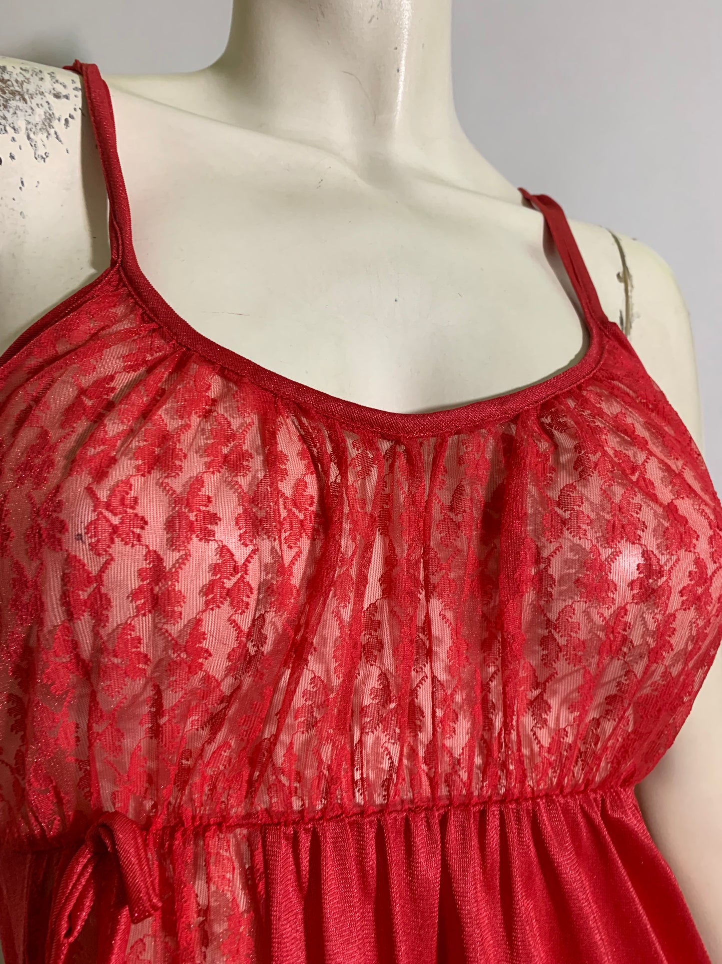 Lipstick Red Nylon and Lace Empire Waist Nightgown circa 1970s