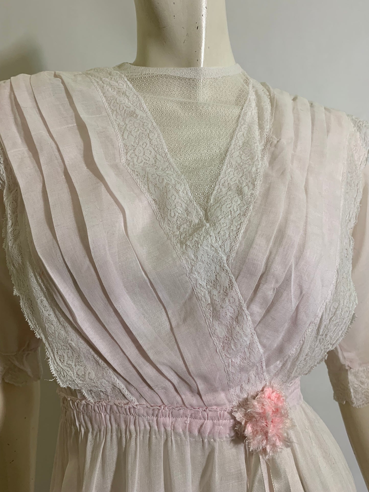 Palest Petal Pink Semi-Sheer Pink Cotton Edwardian Dress with Rosettes and Ribbon circa 1910s