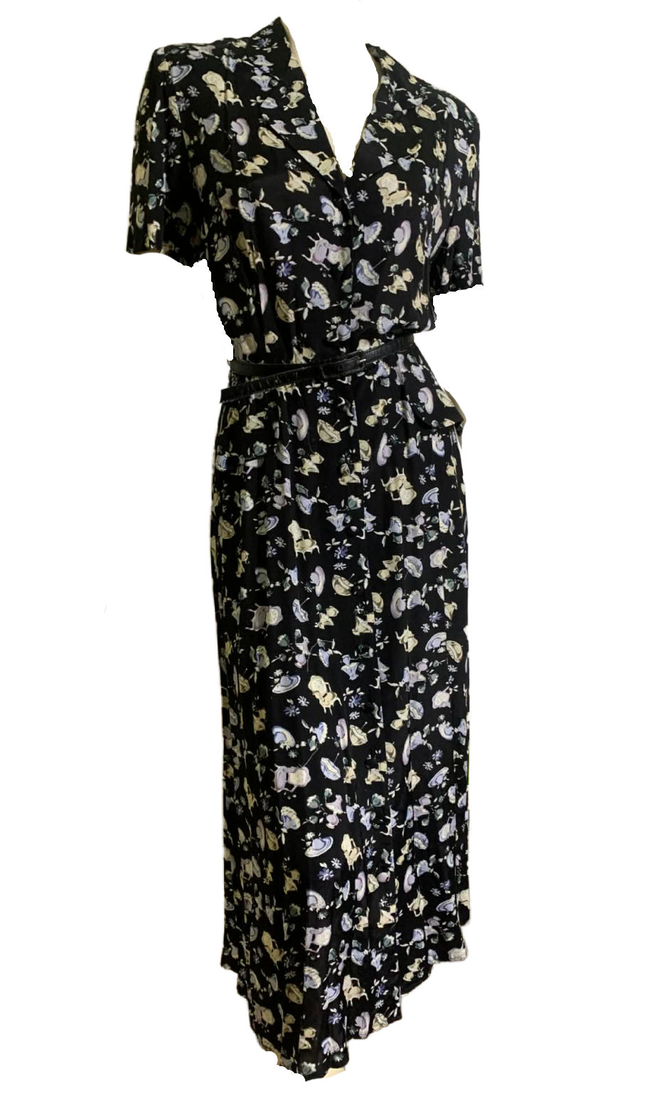 Victorian Lifestyle Novelty Print Rayon 40s Style Dress circa 1980s