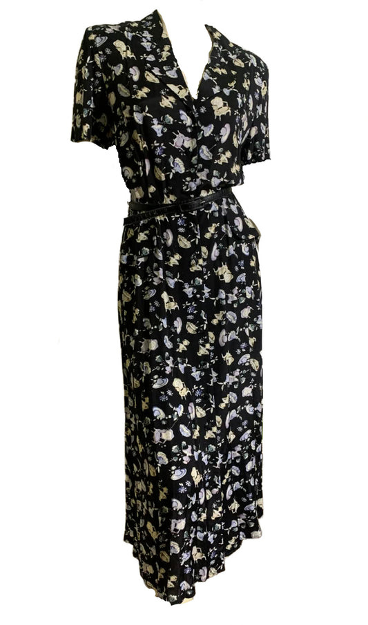 Victorian Lifestyle Novelty Print Rayon 40s Style Dress circa 1980s