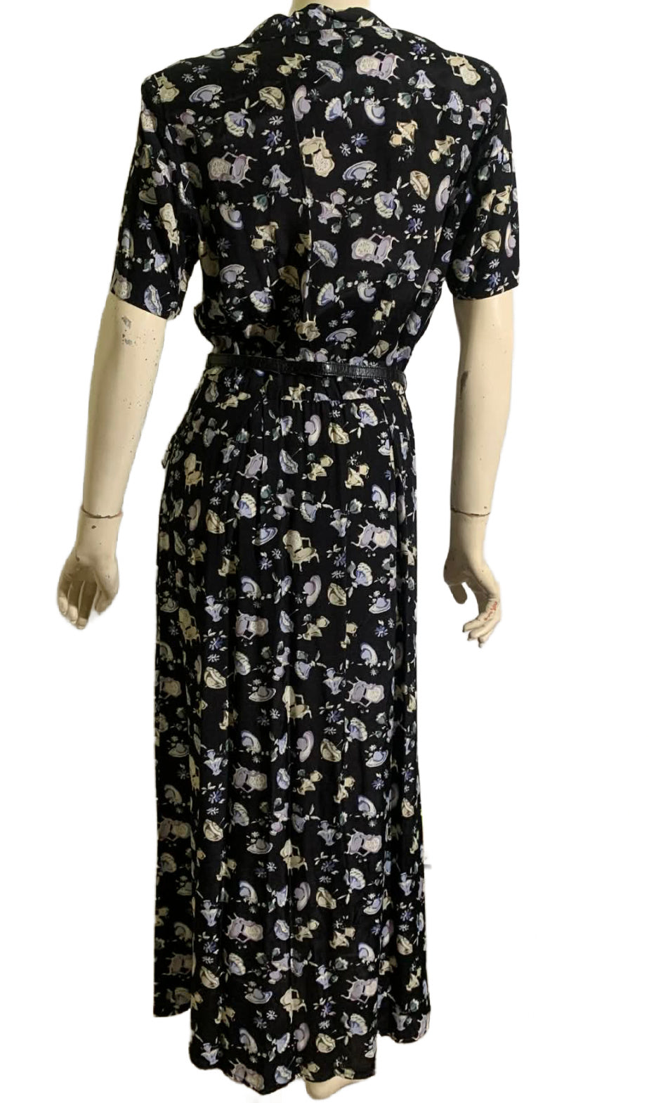 Victorian Lifestyle Novelty Print Rayon 40s Style Dress circa 1980s