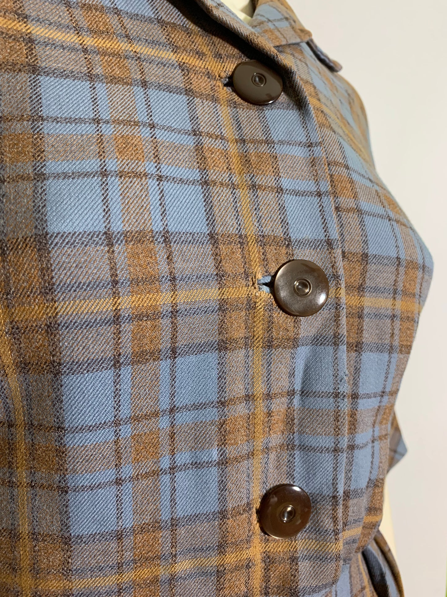 Chic Blue and Mocha Wool Plaid Shirtwaist Dress circa 1950s