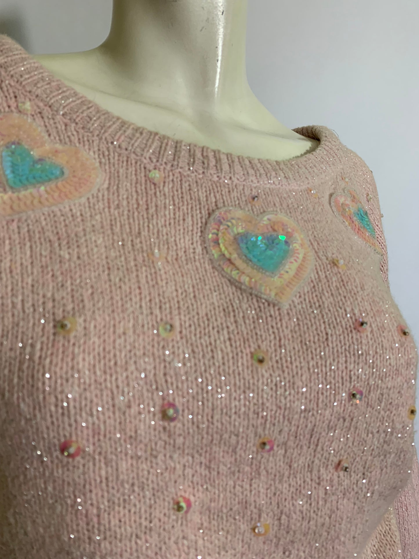 Baby Pink Angora Blend Sweater with Metallic Threads and Pastel Sequin Hearts circa 1980s