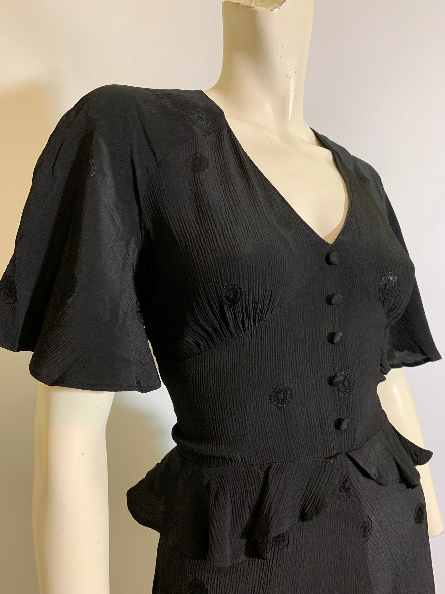 1930s Style Black Crepe Rayon Dress with Flutter Sleeves circa 1970s