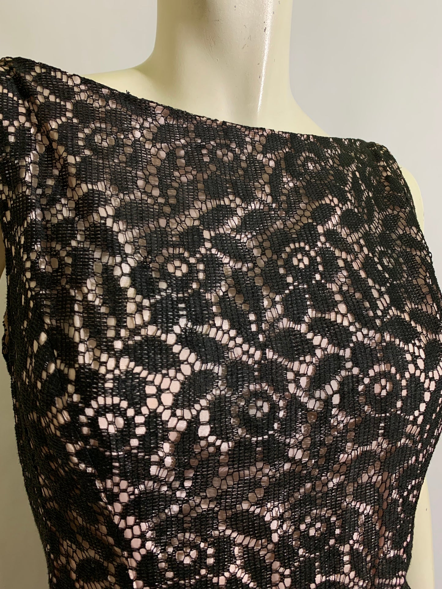 Black and Pink Illusion Lace Full Skirt Dress circa 1960s