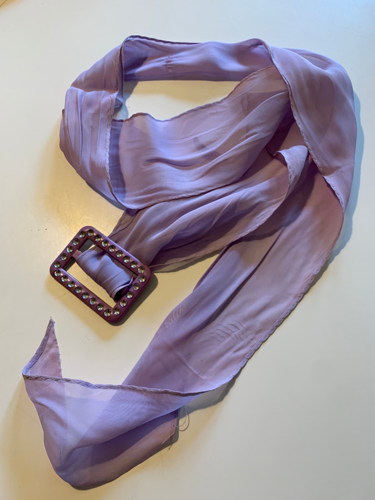 Piper NOOO 1960s Lavender Chiffon Scarf Sash Rhinestone 1980s Buckle
