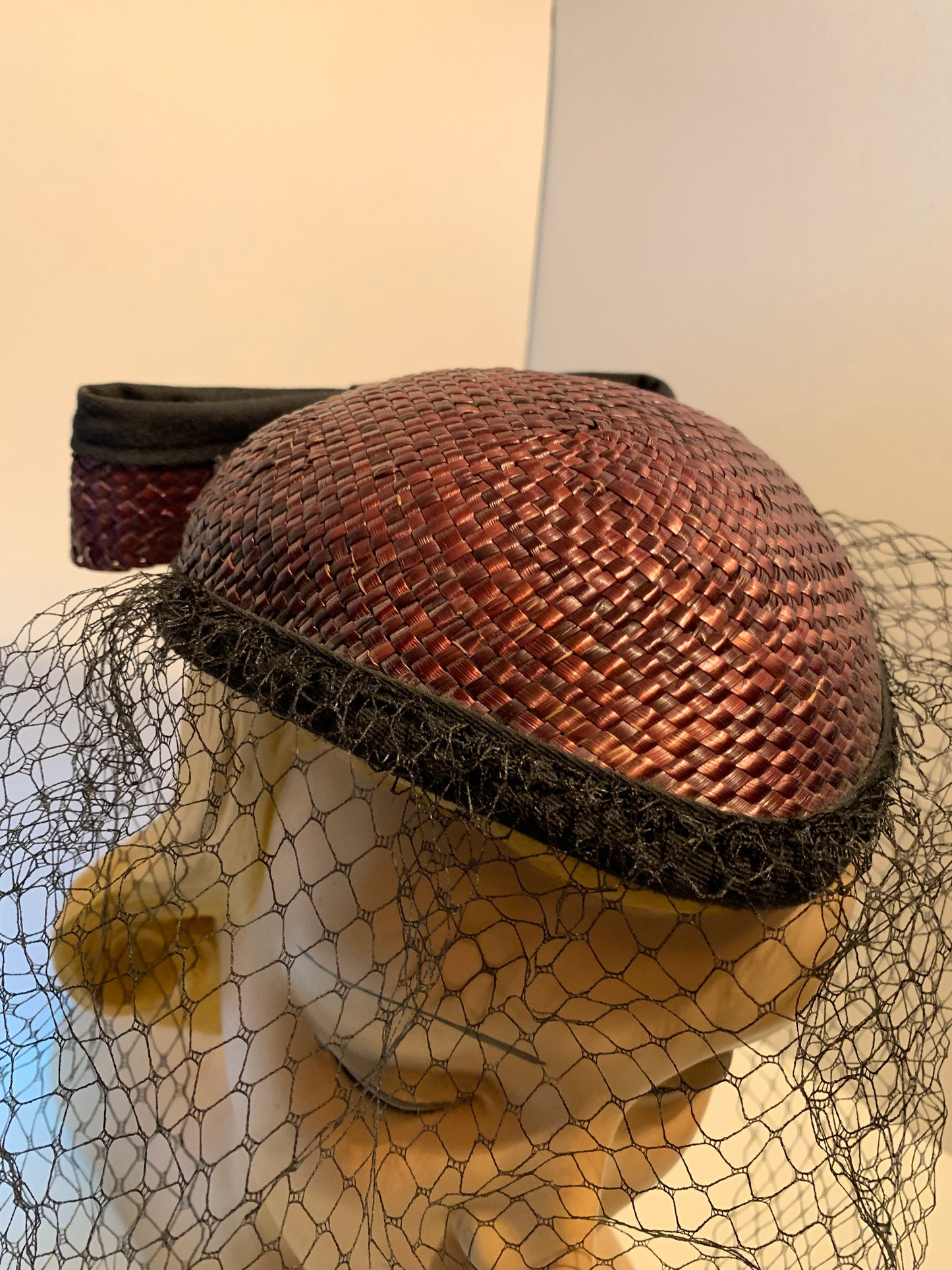 Glossy Wicker Rounded Top Cap Hat with Veil and Bow circa 1960s