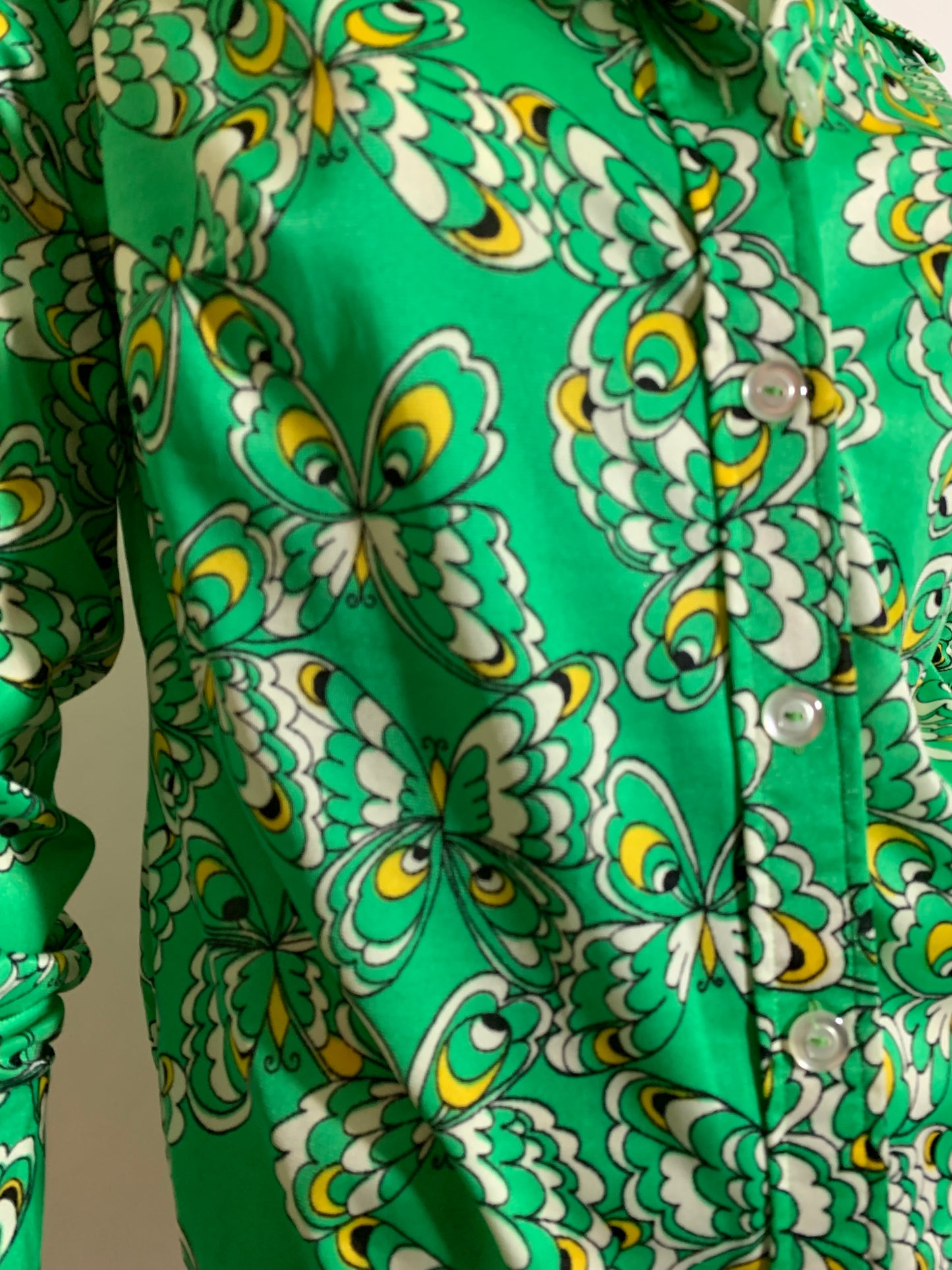 Green and Yellow Butterfly Print Jersey Poly Blouse Dagger Collar circa 1970s