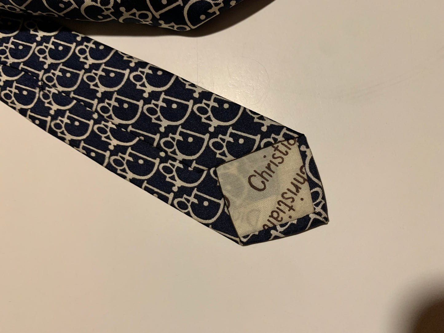 Christian Dior Logo Design Blue and White Silk Men's Tie circa 1990s