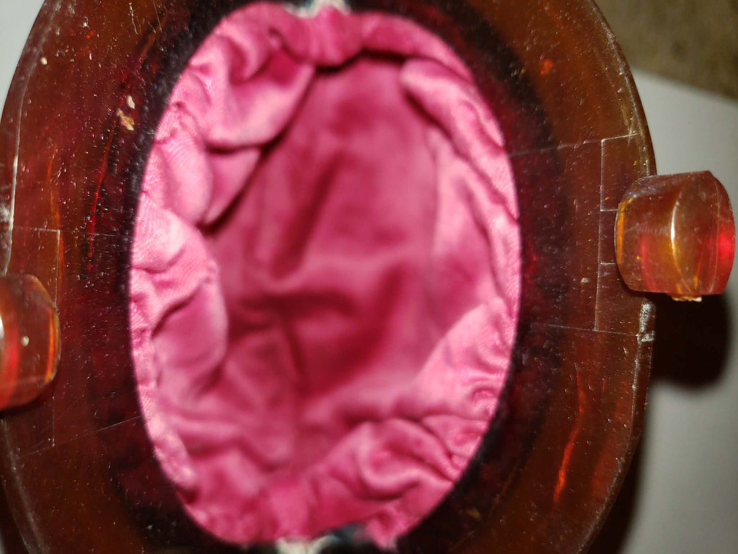 Black Leather Handbag with Tortoise Shell Colored Handle Pink Lining circa 1940s