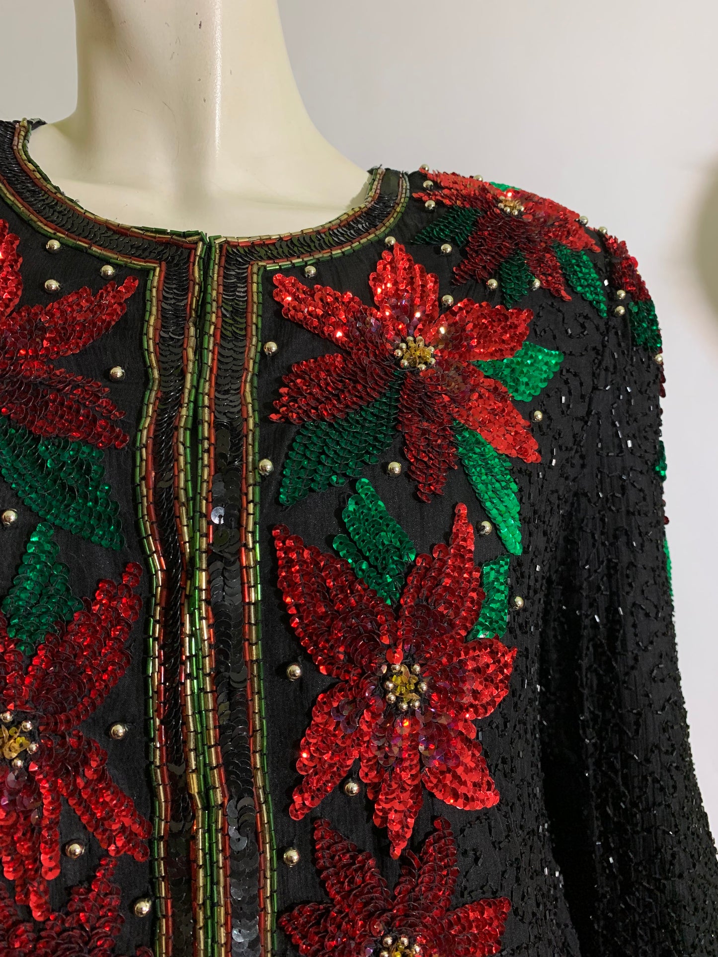 Christmas Glamour Beaded and Sequined Poinsettia Design Jacket circa 1980s