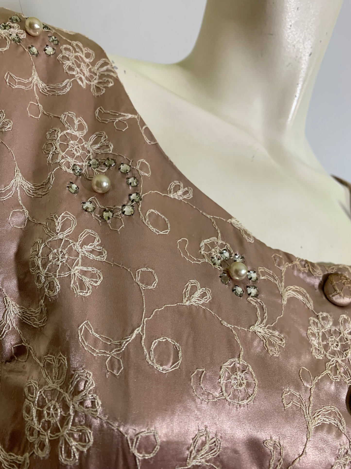 Antique Pale Pink Satin Embroidered Party Dress with Rhinestones circa 1950s