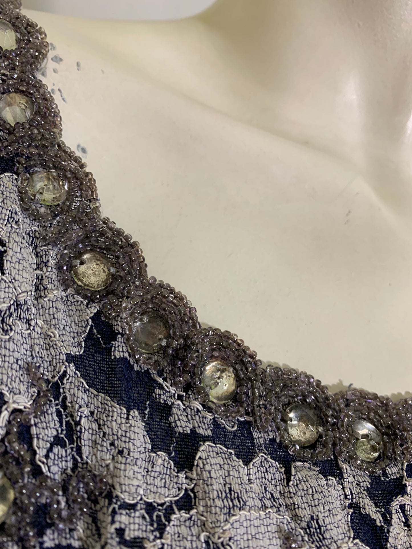Deep Blue and White Lace Full Skirt Party Dress with Beading and Rhinestones circa 1950s