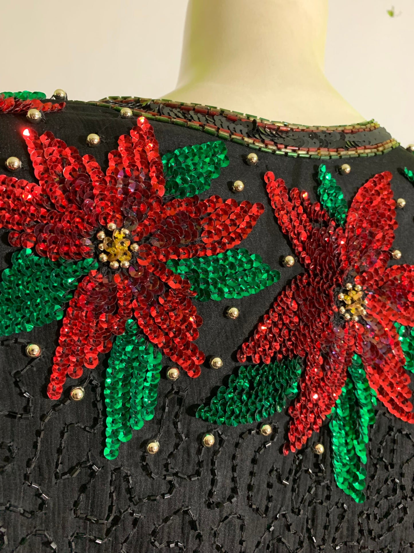Christmas Glamour Beaded and Sequined Poinsettia Design Jacket circa 1980s