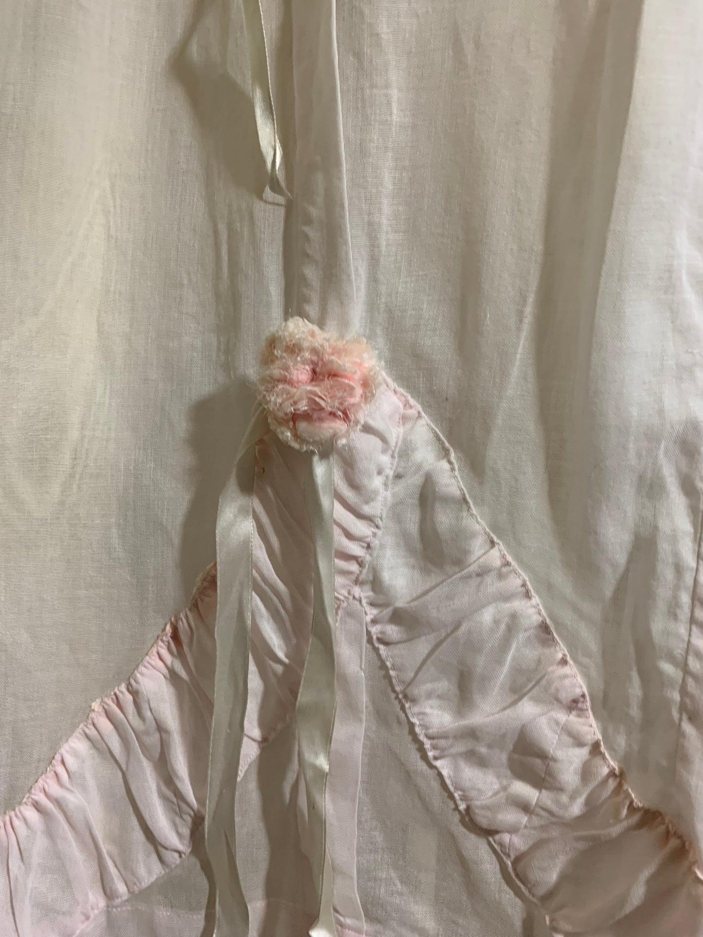 Palest Petal Pink Semi-Sheer Pink Cotton Edwardian Dress with Rosettes and Ribbon circa 1910s
