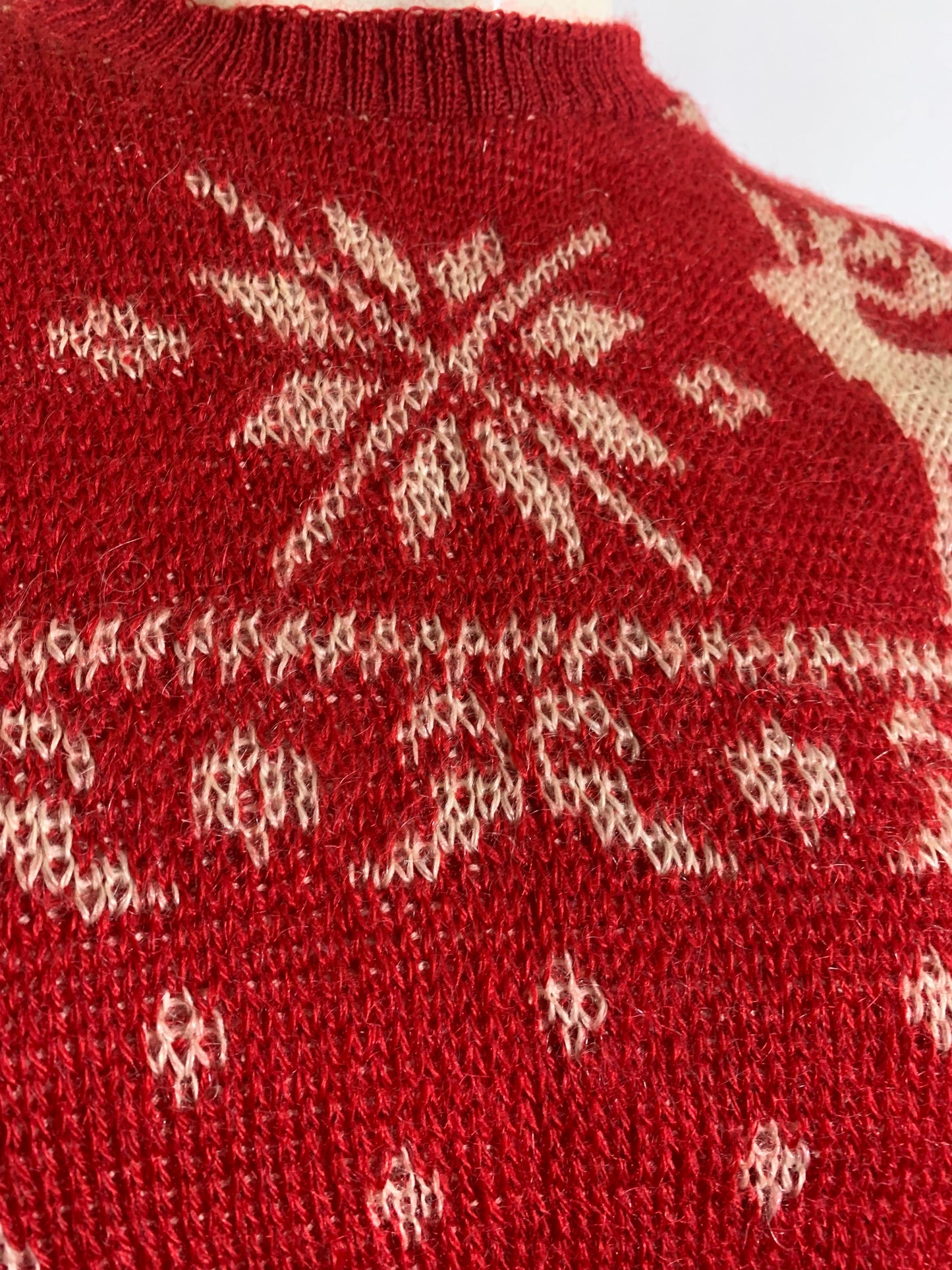 Red and White Intarsia Knit Ski Sweater with Reindeer and Bows circa 1940s