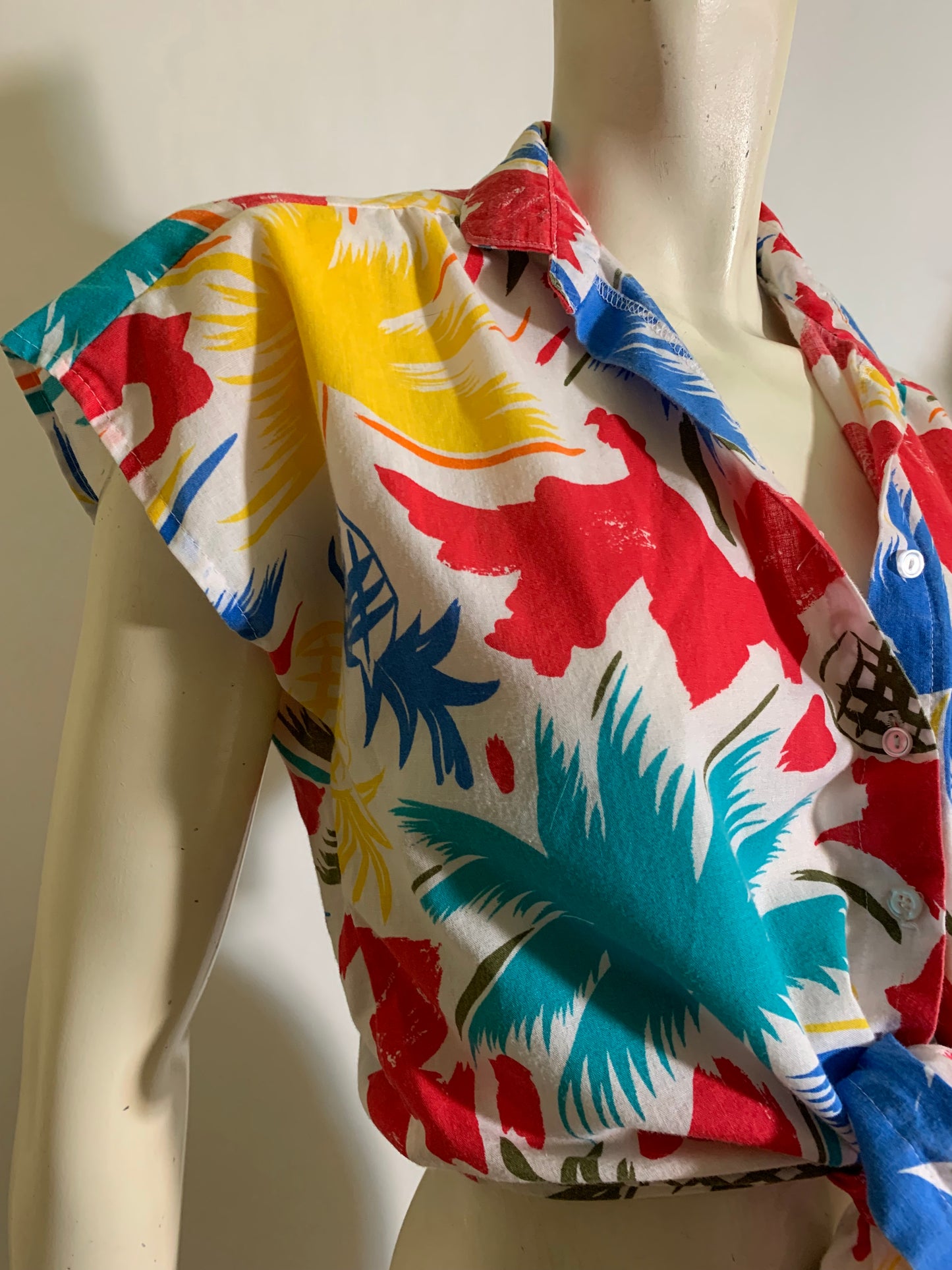 Tropical Print Tie Front Blouse circa 1980s