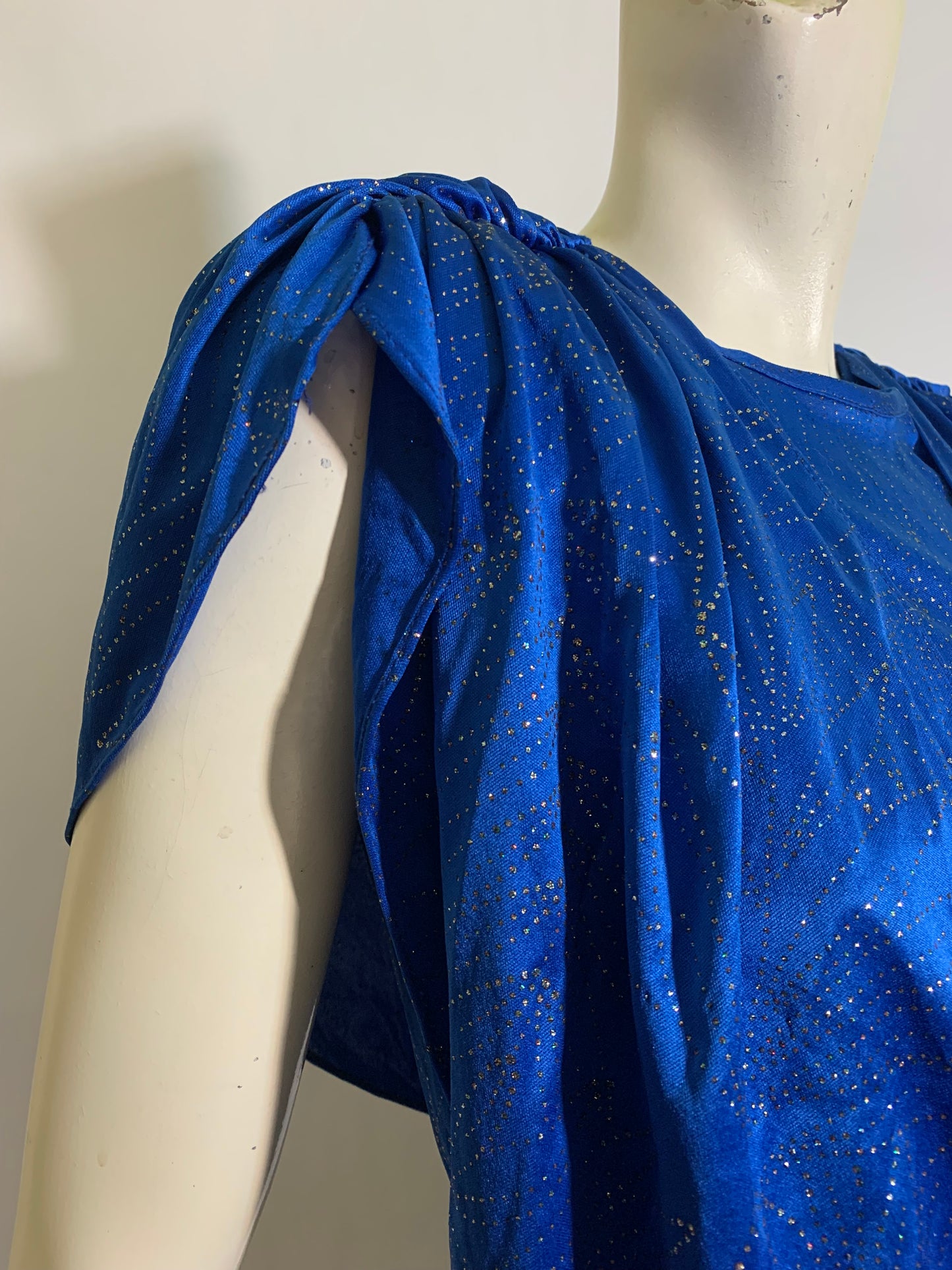 Glittery Royal Blue Draped Disco Dress Low Back circa 1980s