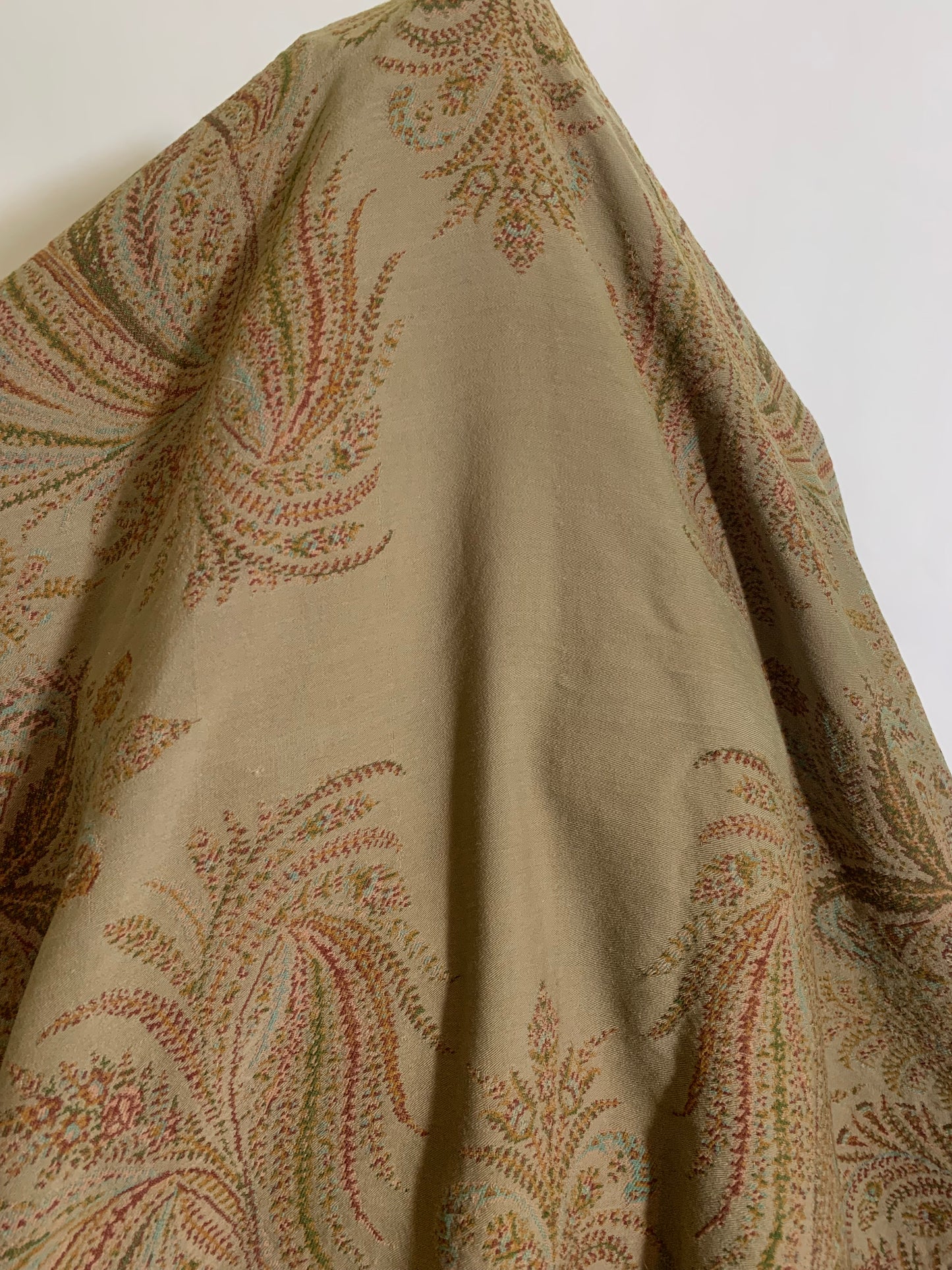 Turn of the Century Sage Green and Terra Cotta Paisley Brocade Wool Shawl circa 1900