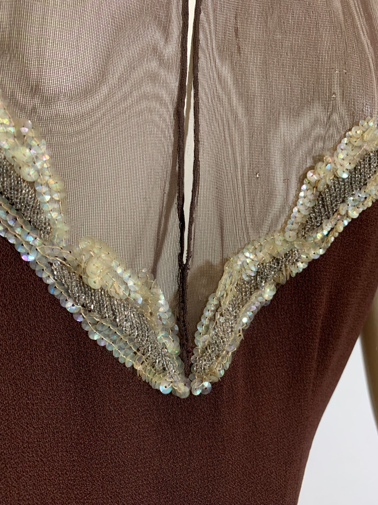 Hot Cocoa Colored Crepe Rayon Ruched Front Evening Dress with Beads and Sequins circa 1940s