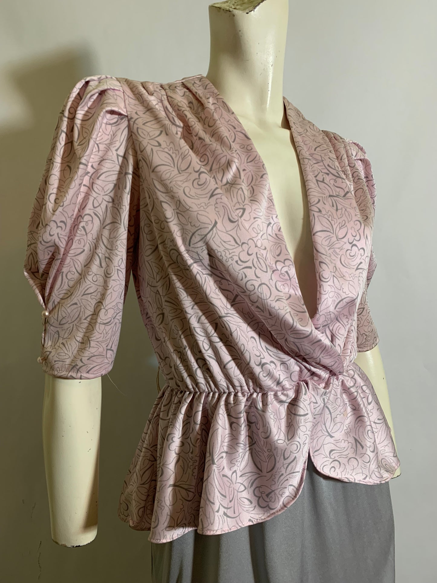 Pale Pink and Gray Nylon Dress with Peplum circa 1980s