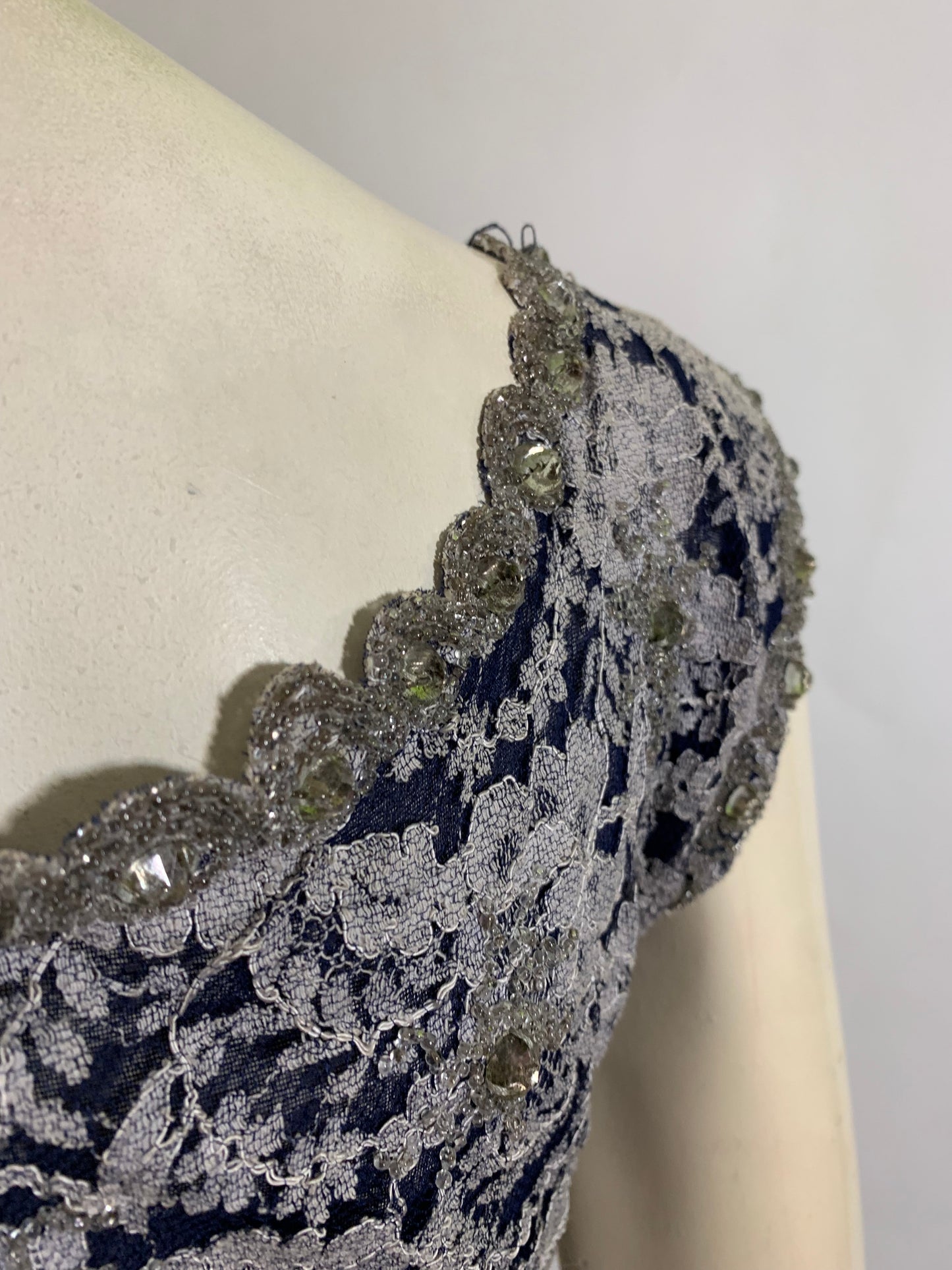 Deep Blue and White Lace Full Skirt Party Dress with Beading and Rhinestones circa 1950s