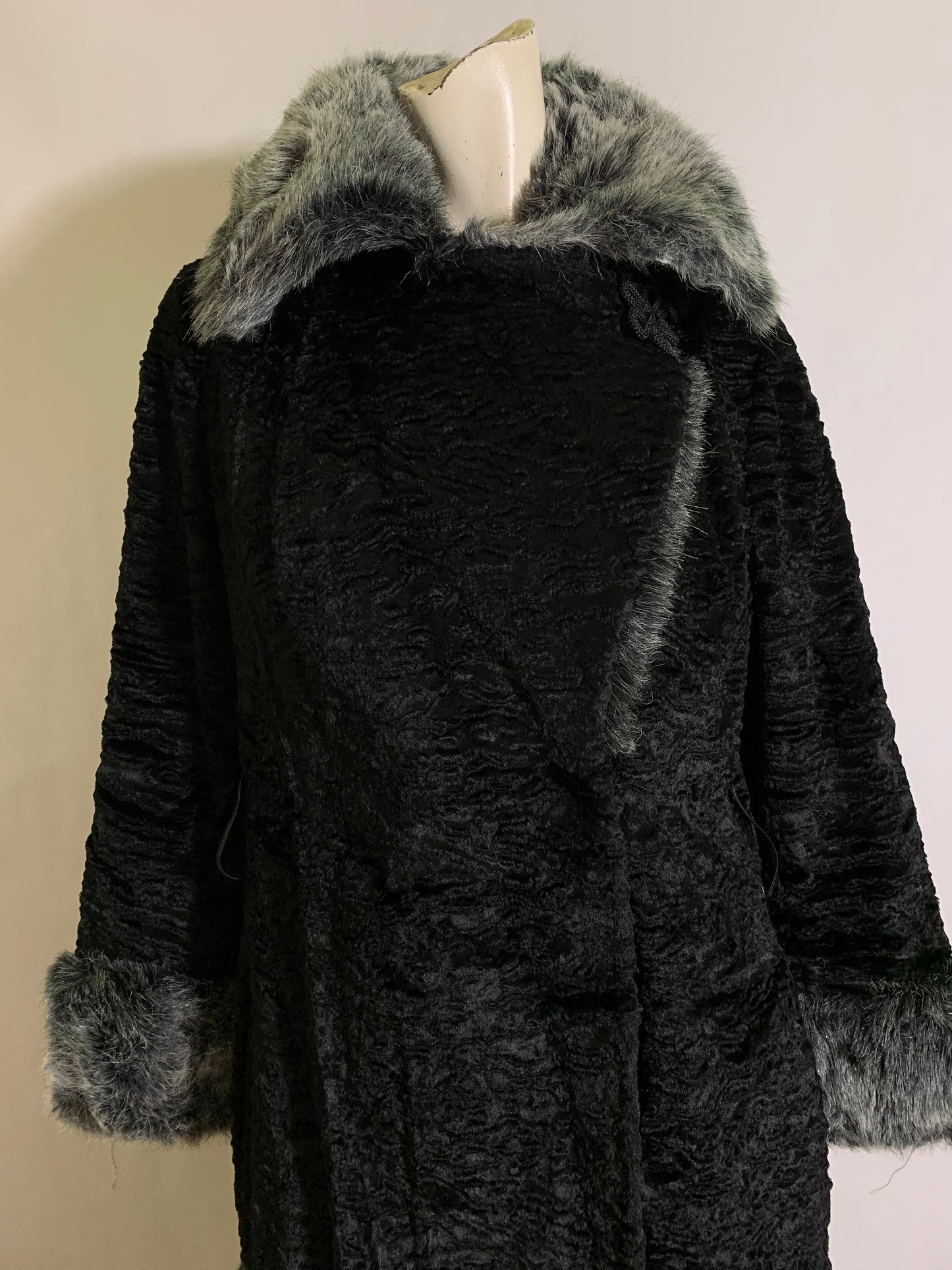 Faux Persian Lamb and Chinchilla "Fur" Coat with Frog Closure circa 1960s