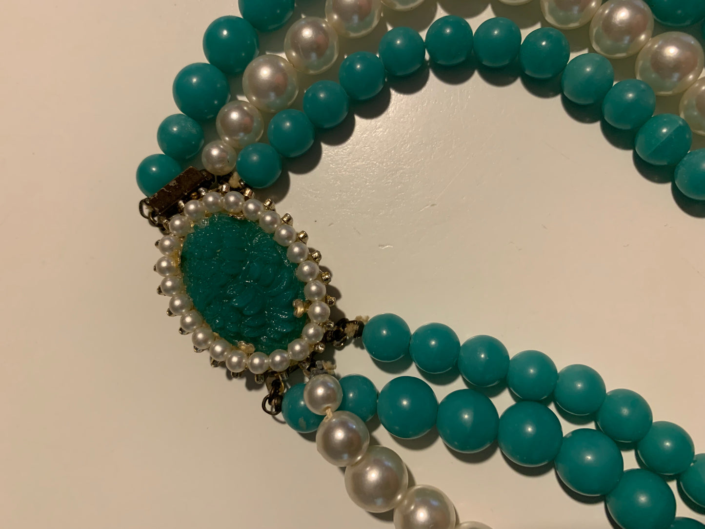 Bright Seafoam Green and Faux Pearl Triple Strand Necklace circa 1960s