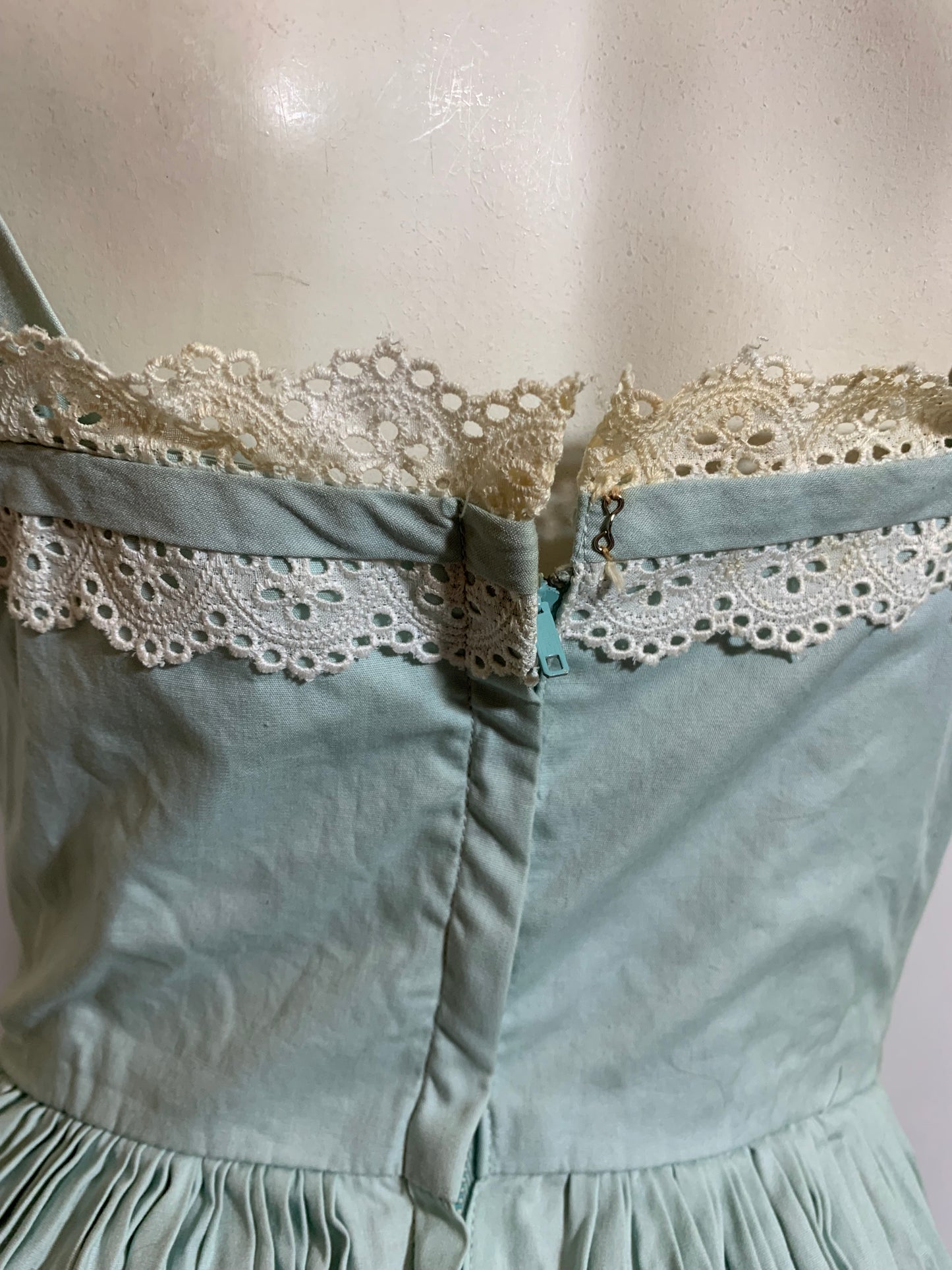 Palest Sky Blue Cotton Sun Dress with Lace Trim circa 1940s as is