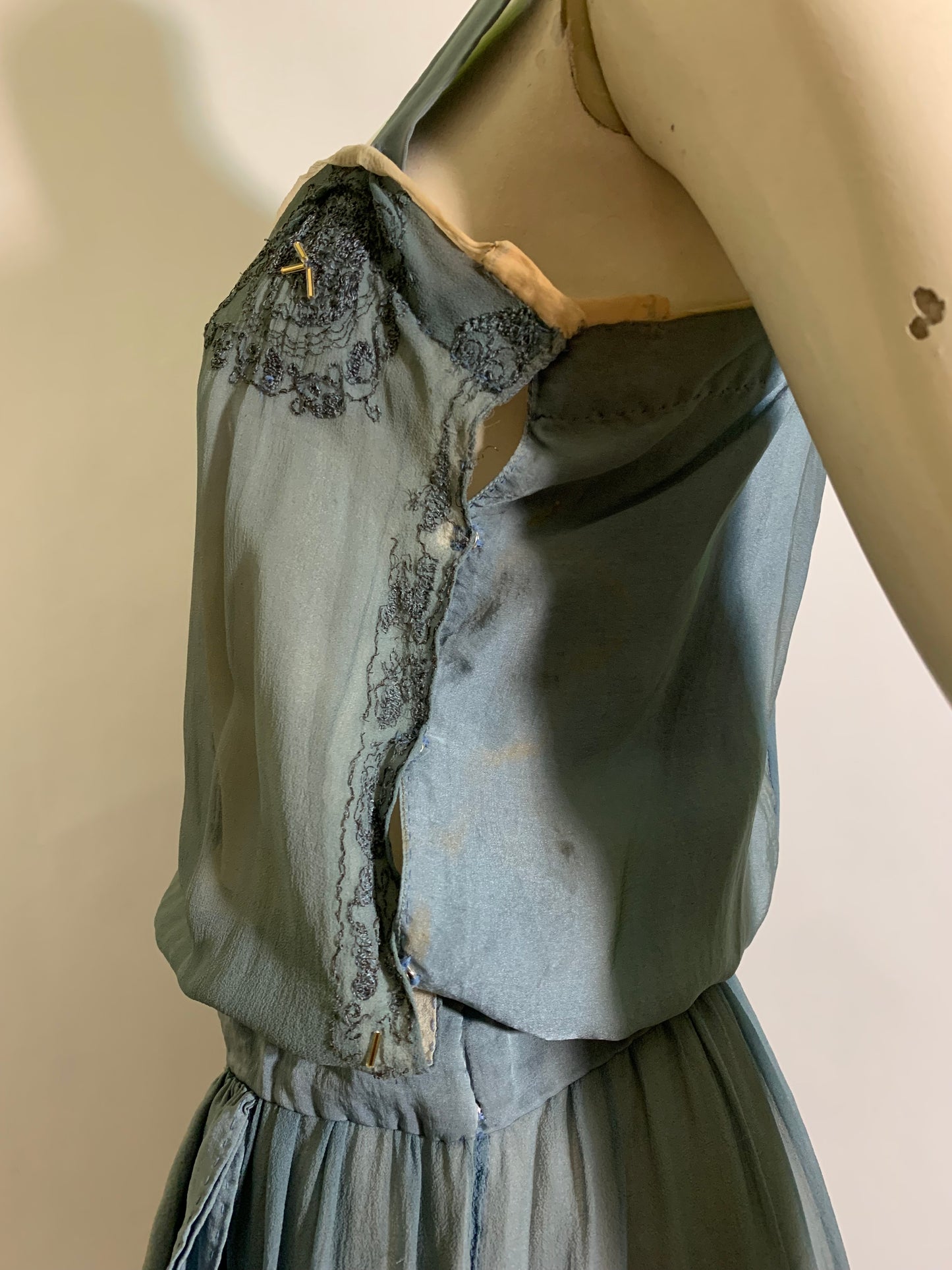Soft Sky Blue Silk Beaded Cocktail Dress circa 1920s